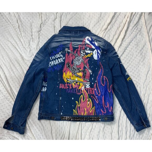 R3bel Denim Jacket Graffiti Skull Studded Distressed Jean Jacket Large - Picture 2 of 9